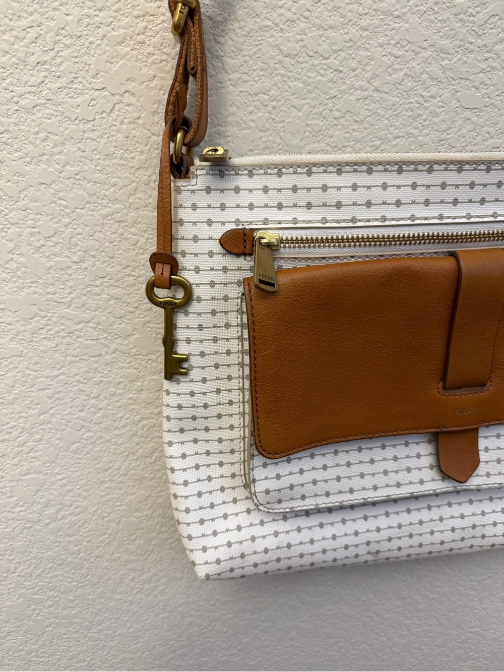 Fossil Cream & tan leather textured Crossbody with Tan Leather Trim & canvas - Picture 3 of 16